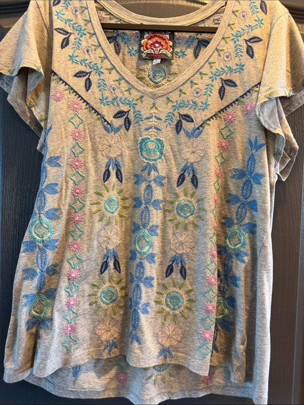 Johnny Was Grey Tee with Blue and Green Floral Embroidery - Picture 3 of 6